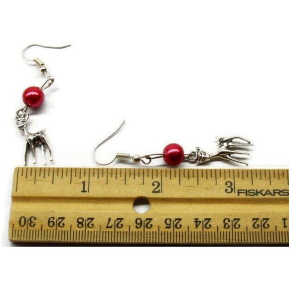 Deer Bambi Red Bead Silver Tone Vertical Drop Dangle Hook Earrings Womans - Picture 3 of 4
